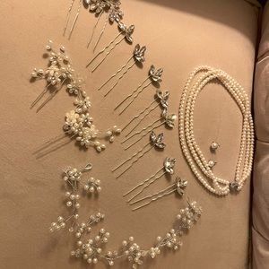 Wedding day hair accessories, necklace and earrings